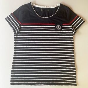 POLO RALPH LAUREN Women’s Striped T-Shirt White Blue Logo Sz M Nautical Preppy